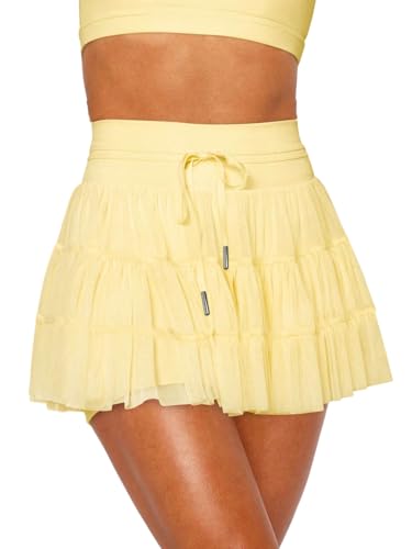 EARKOHA 2025 Skirts for Women High Waist Tie Pleated Solid Color Mini Skirt with Pockets Yellow M