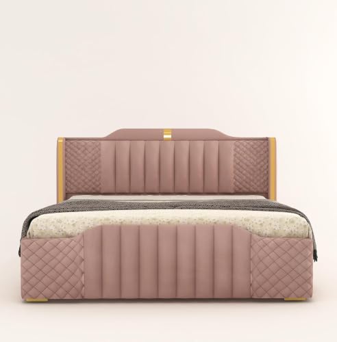 Image of Modern Upholstered Queen Size Bed with Storage | Double Bed with Box Storage & Upholstery Premium Fabric Headboard | Platform Bed for Bedroom & Hotel | Sheesham Wood, Onion Pink, 6.5 x 5 Ft