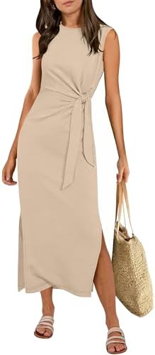 ANRABESS Womens Summer Maxi Dress Casual Crew Neck Tie Waist Spli...