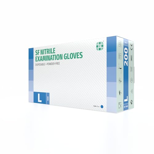 SF Nitrilhandschuhe L Blau – 200 Stück Einweghandschuhe, Einmalhandschuhe, Medizinische Handschuhe, Puderfrei, Latexfrei, Handschuhe Einweg zum Kochen, Putzen, für Medizin, Küche, Kosmetik, Haushalt
