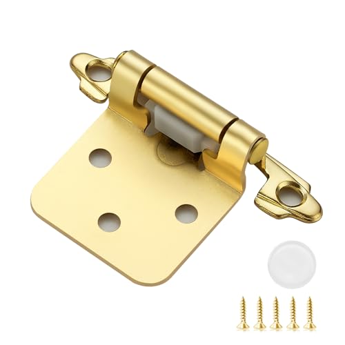 10 Pack (5 Pairs) 1/2 Inch Overlay Kitchen Cabinet Hinges, Satin Brass Self Closing Hinges for Kitchen Cabinet Doors, Semi-Concealed Cupboard Hardware, Face Mount Hardware, Gold