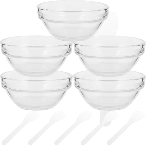 IWOWHERO Set de 5 Recipientes Transparentes de Vidrio Grueso para Mascarillas Faciales Caseras con 5 Palitos Blancos para Mezclar Tamaño Pequeño Adecuado para Spa y Uso Salones de Belleza