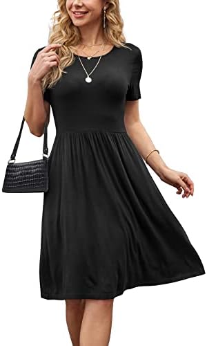 DB MOON Women Summer Casual Short Sleeve Dresses Empire Waist Dress with Pockets (Black, 2XL)