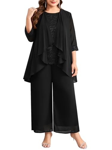 CYCLAMEN Women's Plus Size 3 Piece Pantsuit Formal Wedding Guest Mother of The Bride Groom Lace Chiffon Elegant Outfit, Black, 4X