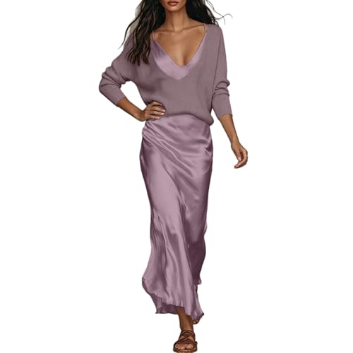 Vestido de dos piezas de satén midi y blusa de manga larga para verano elegante de mujer