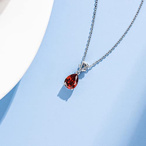 Fancime Natural Garnet Necklace 14K Solid White Gold Teardrop Pendant January Birthstone Birthday Gifts For Mom Women Girls, Sterling Silver Chain 16" + 2" Extender #TOP3