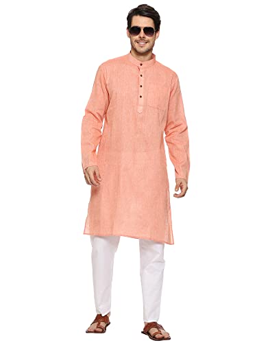 ITOS365 Handgjorda Kurta pyjamas i bomull för män festmode normal etinisk klädsel indisk klänning, Morot, M-L