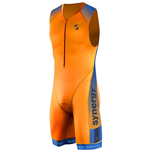 Synergy Triathlon Tri Suit - Men's Elite Sleeveless Trisuit (Neon Tangerine/Sky, Small)