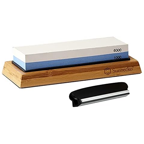 Sunnecko Knife Sharpener Whetstone Knife Sharpening Stone Kit Dual Sided 1000/6000 Grit Waterstone Professional Whetstone Set with Non, Slip Bamboo Base & Angle Guide Cover