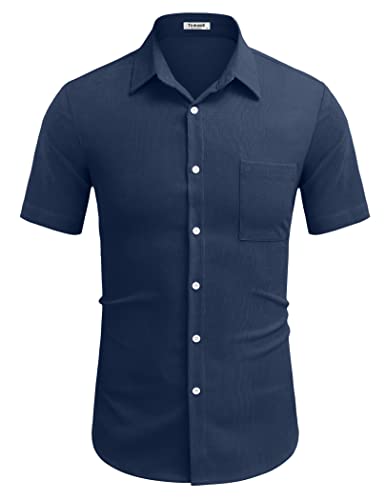 Tinkwell Herren Hemd Kurzarm Freizeithemd Strandhemd Sommer Cordhemd Feincord Men's Basic Shirt Regular Fit Sanft Navy Blau L Cover