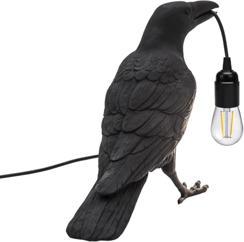 DC VOLTAGE Bird Table Lamp 3D Realistic Black Bird Light with E27 Bulb Holder, 30cm Resin Raven Lamp for Bedroom, Desk, Halloween Decor & Unique Gift Idea