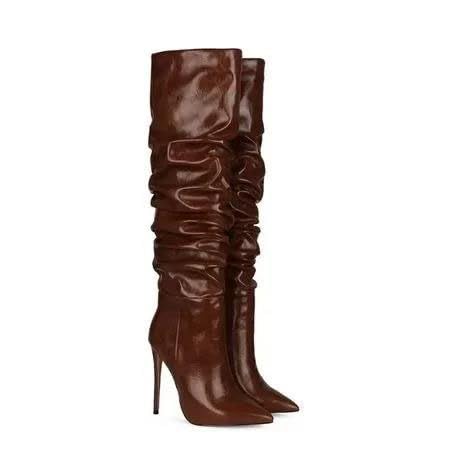 Women Pleated High Heel Boots Fashion Runway Style Sexy Stiletto Heel Autumn Winter Long Shoes