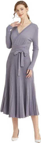 Image of Women's Long Knit Crewneck Sweater Dress Tie Waist A-Line Swing Pleated Bodycon