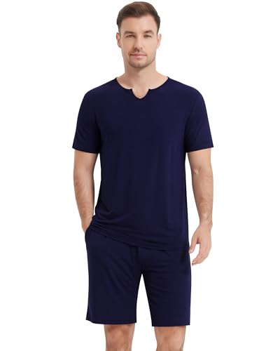 Image of NACHILA Men's Pajamas Set-Viscose Made from Bamboo,Short Sleeve Pjs Cool Loungewear with Shorts Soft Sleepwear Navy Blue L