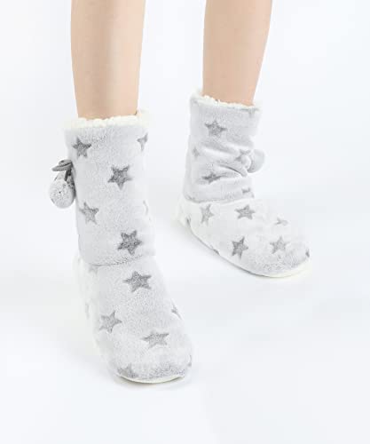 Yinxiurd Womens Soft Sole Boot Slipper With Grippers - Cozy&Warm Fleece Slipper Socks With Non-Skid Bottoms(Gray Star ,8-10) #TOP5