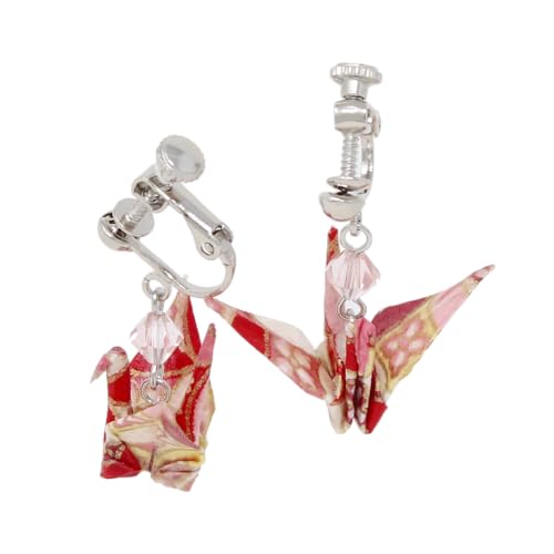 日本製 折り鶴イヤリング 和風アクセサリー レディース 和装小物 千代紙 鶴 かわいい ギフト プレゼント 浴衣 着物 卒業式 成人式 海外お土産 (Type-A)