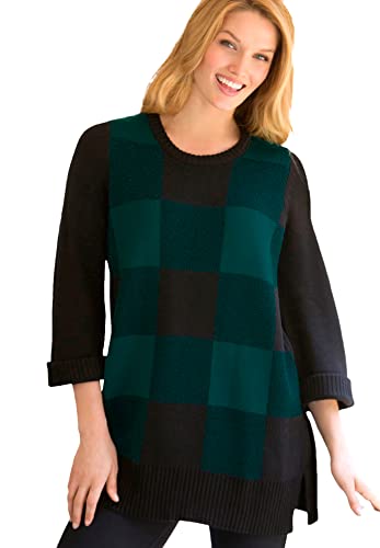 Woman Within Women's Plus Size Buffalo Plaid Pullover Sweater - 3X, Emerald Green Buffalo Plaid #TOP16