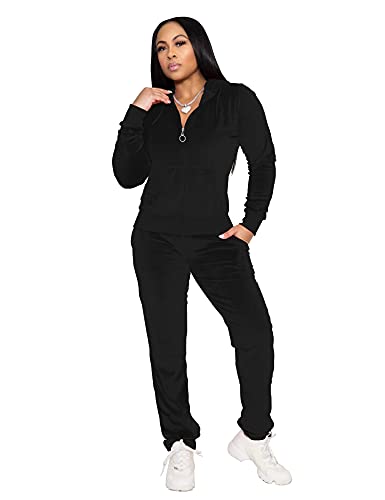 Topsrani Womens Velour Sweatsuits Velvet Tracksuit 2 Piece Outfits Casual Jogging Sweat Suits Matching Jogger Pants Set Black L #TOP26