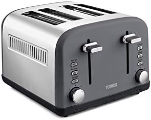 Tower T20042SLT 4 Slice Toaster, Infinity Stone Collection, Stainless Steel Body, 1800 W, Slate