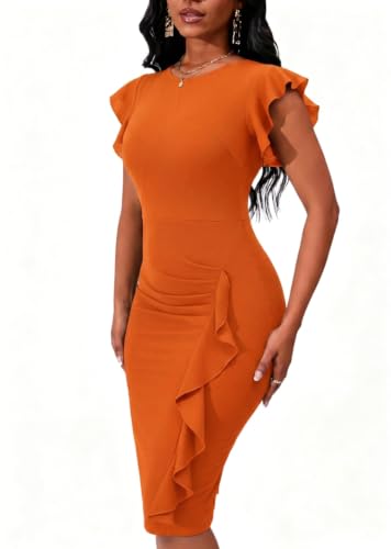 Image of PerZeal Women's 2026 Flutter Sleeve Bodycon Midi Dress Sexy Crew Neck Knit Ruffle Wear to Work Cocktail Party Pencil Dresses