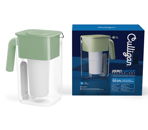 Image of Culligan with ZeroWater Technology 10-Cup Water Filter Pitcher - Includes 5-Stage Advanced Water Filter, IAPMO Certified to Reduce Lead, Total PFAS, Mercury, Fluoride, and Chlorine - Sage