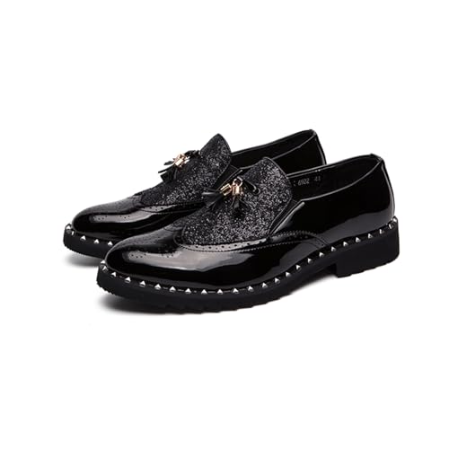 Men's Patent Leather Slip On Sequin Two Tone Rivet Wing Tip Brogue Oxford Shoes Shine Luxury Tassels Low Top Loafers for Party Nightclub Perform Socialize