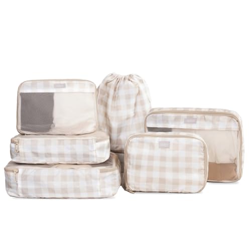 Image of Jadyn Packing Cubes for Travel, 6-Piece Large Packing Cube Organizer Set for Suitcase, Duffel Bag, Luggage, Multiple Sizes Travel Essentials (Beige Gingham)