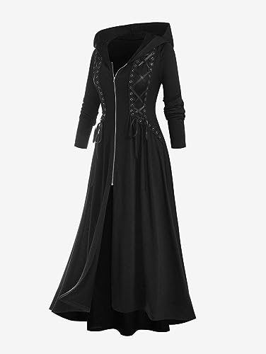 ROSE GAL Rosegal Women Plus Size Hooded Lace-up Front Zipper High Low Maxi Coat Gothic Longline Coat Overcoat Outwear2