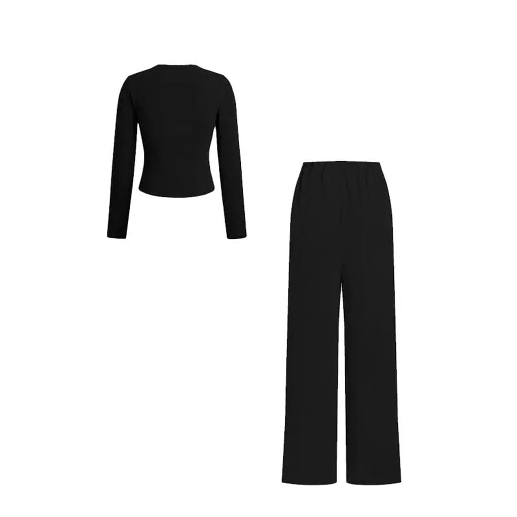 Solid Color Casual Round Neck Single Breasted Slim Fit Long Sleeve Top Wide Leg Pants Womens Two-Piece Set