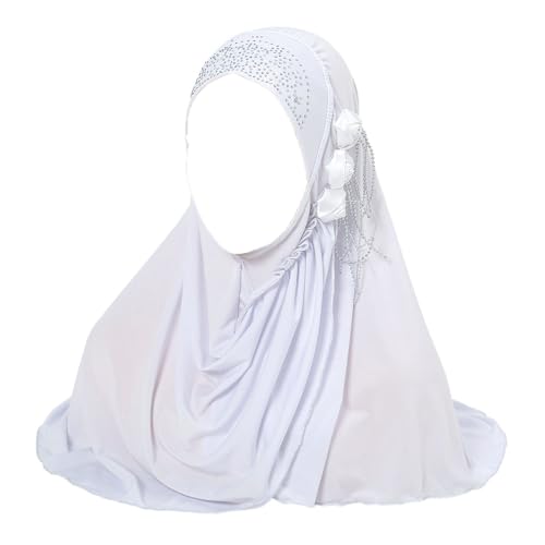 White stretch turban-style hijab cap with flower and rhinestone detail — a cap has nothing to arrange