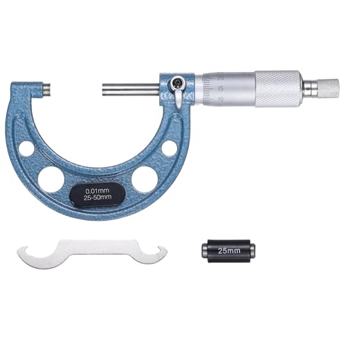 HARFINGTON Metric Outside Micrometer 25-50mm Range +/-0.01mm Accuracy Micrometer with Ratchet Stop Metal Industrial-Grade Precision Measuring Tool for Machinist Engineer, Blue