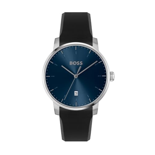 Image of Hugo Boss Dean Qtz Basic Calendar Blue Round Dial Analog Men's Watch|Black Silicone Material|Black Color Band - 1514131