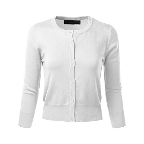 FLORIA Women's Crew Neck Button Down 3/4 Sleeve Stretchy Knit Cardigan Sweater White M Cover
