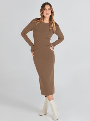 Image of ANRABESS Women Long Sleeve Sweater Dress Crewneck Bodycon Stretch Slim Fit Ribbed Knit Midi Dresses 2025 Fall Trendy Outfits Brown X-Large