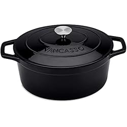Cacerola 6 Litros vancasso Cazuela Hierro Fundido Grande, 6L 30 cm Horno Holandés Cacerola de Hierro Fundido Ovaladas con Tapa para Cocina Estofado, Paella, Ollas de Gran Capacidad - Negro
