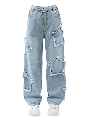 GORGLITTER Girl's Star Print Jeans Y2K Elastic Waist Wide Leg Denim Pants
