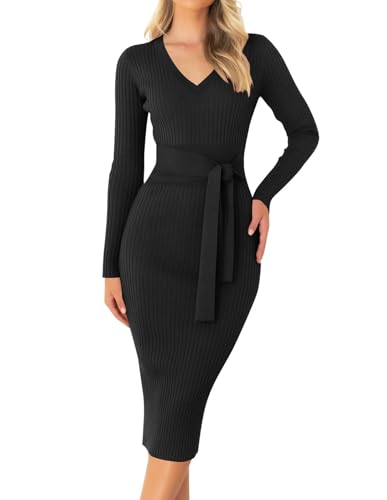 ZESICA Women's 2025 Fall Sweater Dress V Neck Long Sleeve Ribbed Knit Tie Waist Bodycon Slim Fit Midi Dresses3
