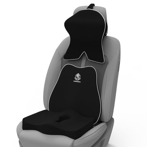 Image of MRRON Memory Foam Posture Corrector Car Seat Cushions Combo | Orthopedic Backrest, Coccyx Cushion & Neckrest | Ergonomic Lumbar Comfort Seat Cushion | Reduces Sciatica (Black, Slim backrest)