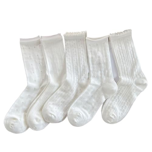 Image of 5 Pairs White Cute Socks, Women's Lace Ruffles Ankle Casual Sock, Cottagecore Breathable Socks, Floral Crew Socks