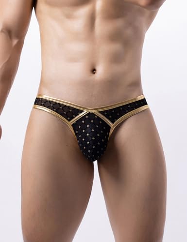 comeondear Mens Sexy Thong Underwear Sheer Bulge Pouch Briefs Underpants Low Rise Bikini Gold Foil Stamped Swimwear2