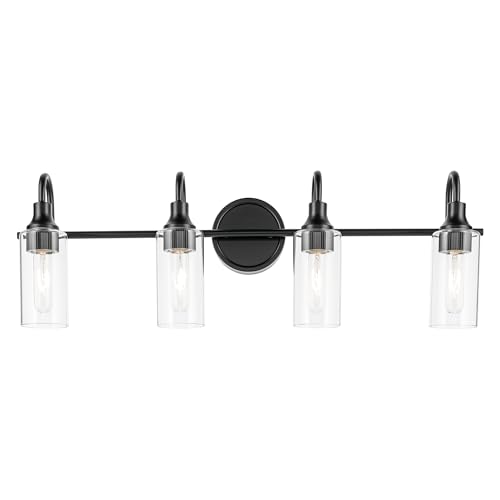 Image of Kichler Kavi 4-Light Bathroom Vanity Light, Black | Damp-rated vanity light with clear glass for bathroom mirrors (31.5 inch x 10 inch), 55212BK