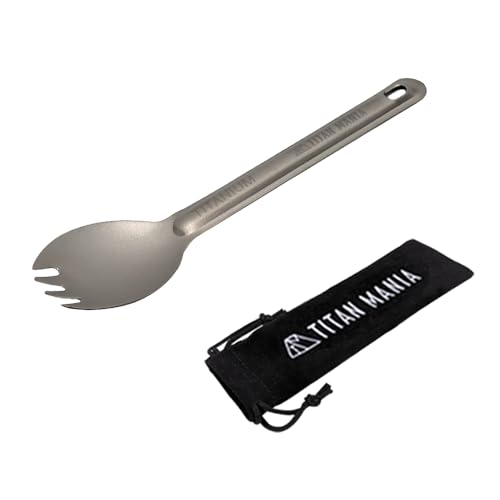 TITAN MANIA(チタンマニア) 先割れスプーン チタン製 軽量 頑丈 カトラリー スポーク ショート 持ち運び 直火 調理器具 キャンプ ソロキャンプ アウトドア用品 キャンプ用品 収納袋付き
