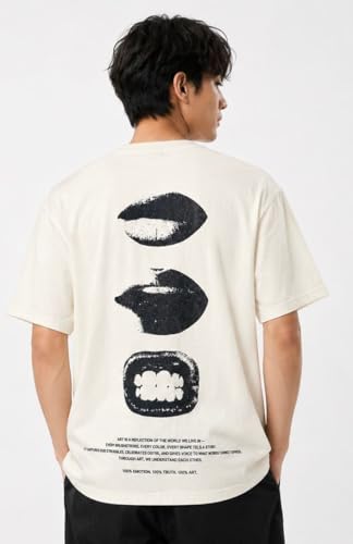 Image of Anime Printed Oversized Cotton Casual Round Neck T-Shirt for Men and Boys | Sharp, Eren yeagear & Mikasa akerman Japanese Streetwear Aesthetics