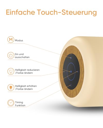 Görvitor Bedside Lamp, Set of 2, Touch Dimmable with 8 Colours, 3 Modes, Wood Grain LED Table Lamp, Wireless USB Rechargeable with Timer, Baby Night Light, Children, Nursing Light, Dimmable - Image 5