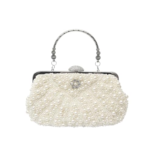 CORIOS Women Pearl Evening Bag Beaded Clutch Bag Bridal Wedding Purse Elegant Crossbody Bag Shoulder Bag with Detachable Chain Retro Banquet Cocktail Prom Party Handbag Beige