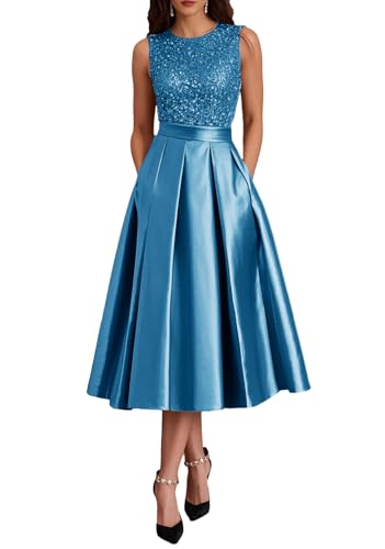 Sparkly Sequin Formal Dresses Tea Length Sleeveless Satin A Line Mother of The Bride Dress for Women with Pockets