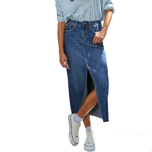 PWMENLK Women's Y2K Denim Midi Skirt with Front Slit, Fitted