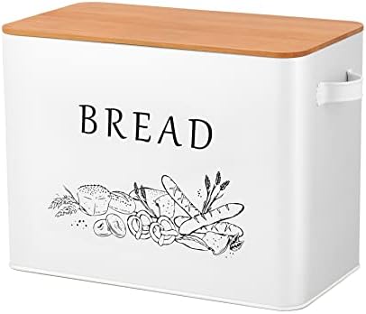 TeamFar Bread Box with Wooden Lid, 13.1” x 7.2” x 9.7” Metal Bread Container Storage Holder for Family Farmhouse Kitchen Countertop, Powder-Coated & Healthy, Large Capacity & Classic Pattern (White)