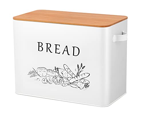 Teamfar Bread Box With Wooden Lid, 13.1” X 7.2” X 9.7” Metal Bread Container Storage Holder For Family Farmhouse Kitchen Countertop, Powder-Coated & Healthy, Large Capacity & Classic Pattern (White) #TOP3