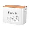TeamFar Bread Box with Wooden Lid, 13.1” x 7.2” x 9.7” Metal Bread Container Storage Holder for Family Farmhouse Kitchen Countertop, Powder-Coated & Healthy, Large Capacity & Classic Pattern (White)